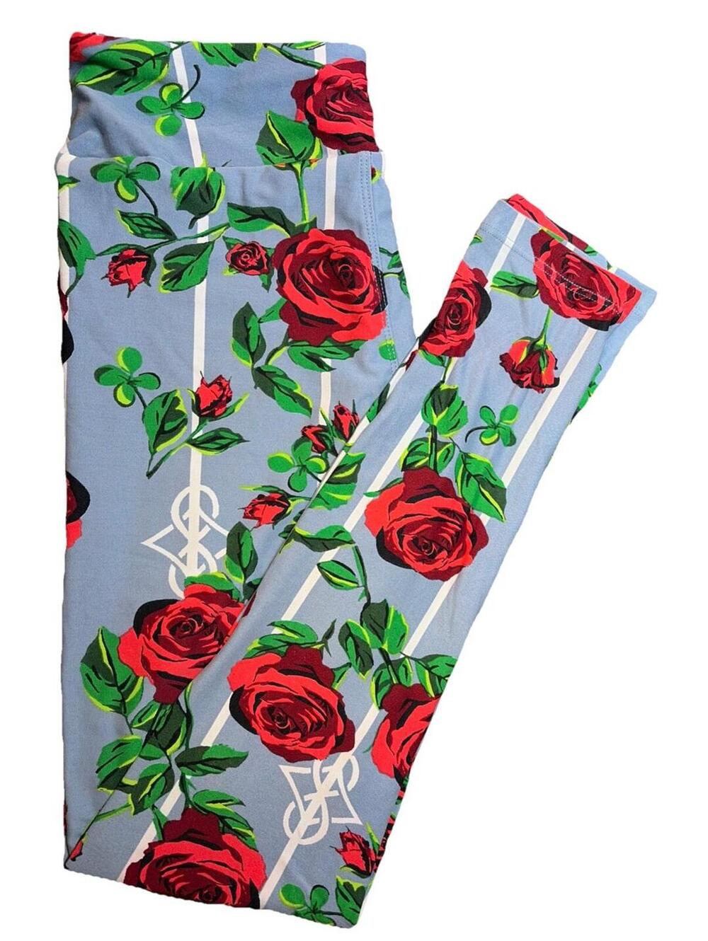New LuLaRoe Red Rose Pattern On Blue Gray Background Leggings OS Size (2-10)